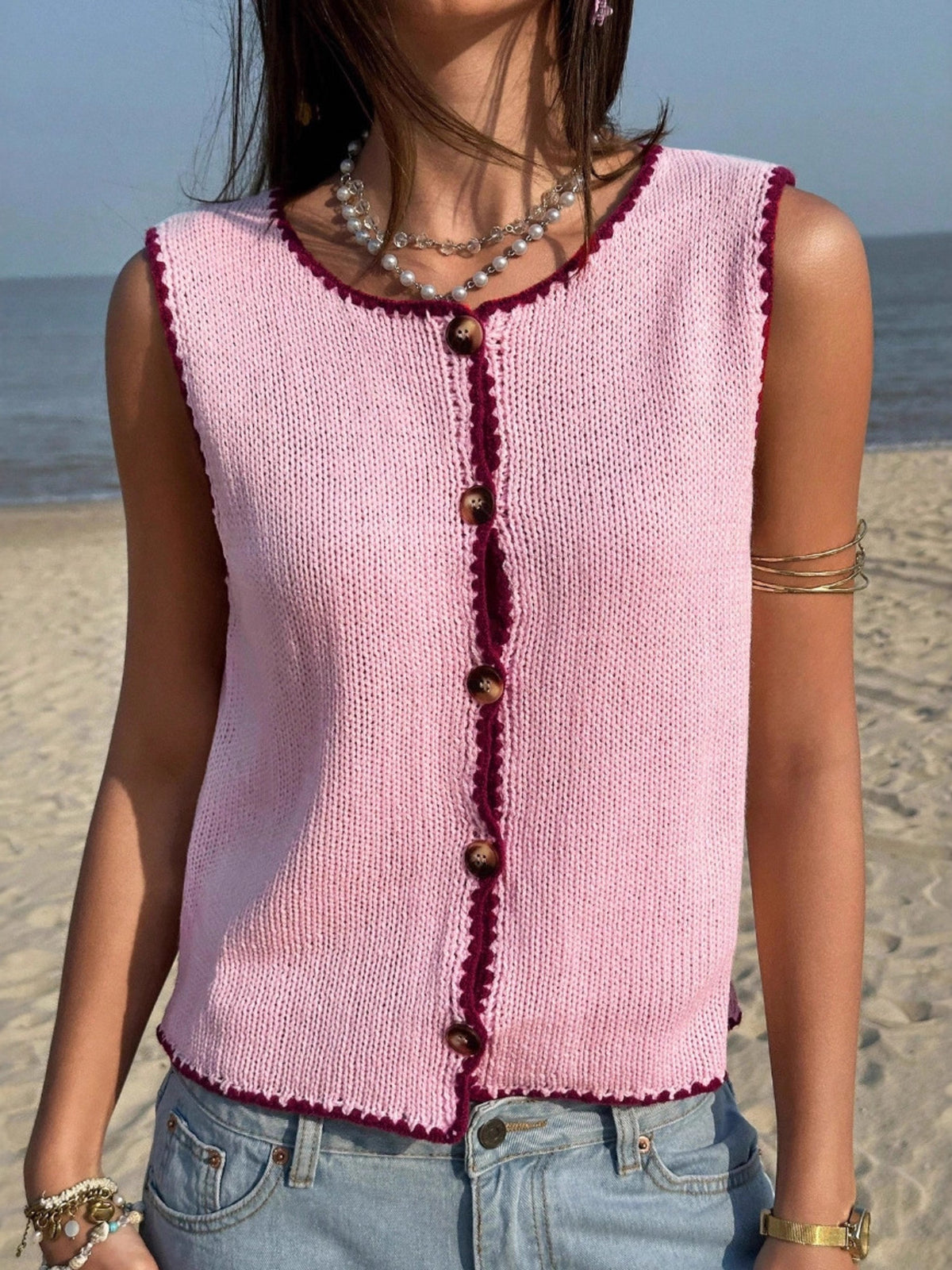 Cropped button down sweater vest front view