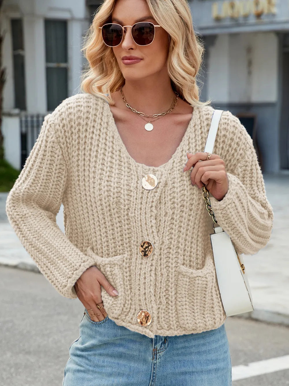 Round Neck Button Up Cardigan with Pockets Beige - Fashorio