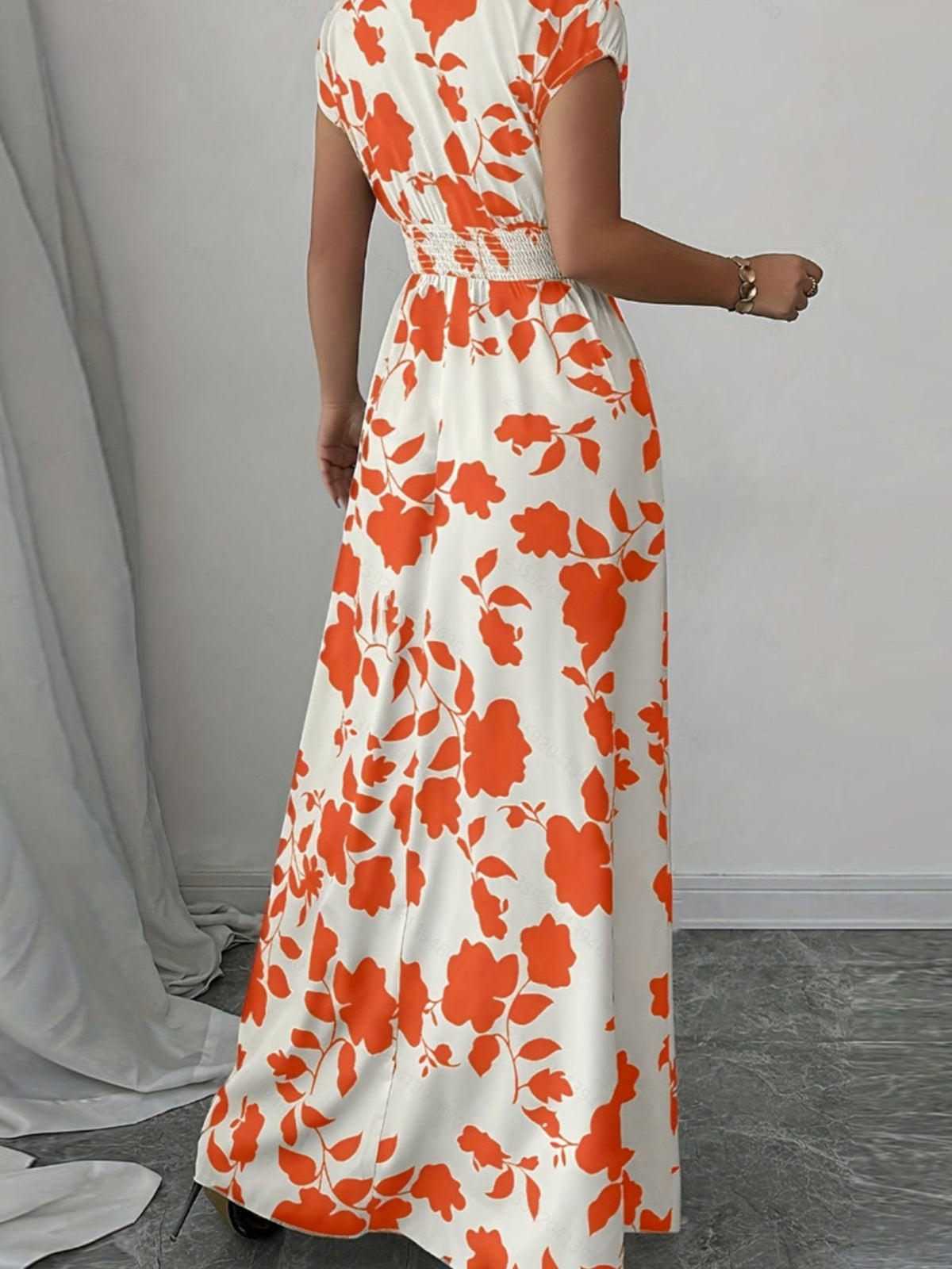 Printed cap sleeve maxi dress styled view
