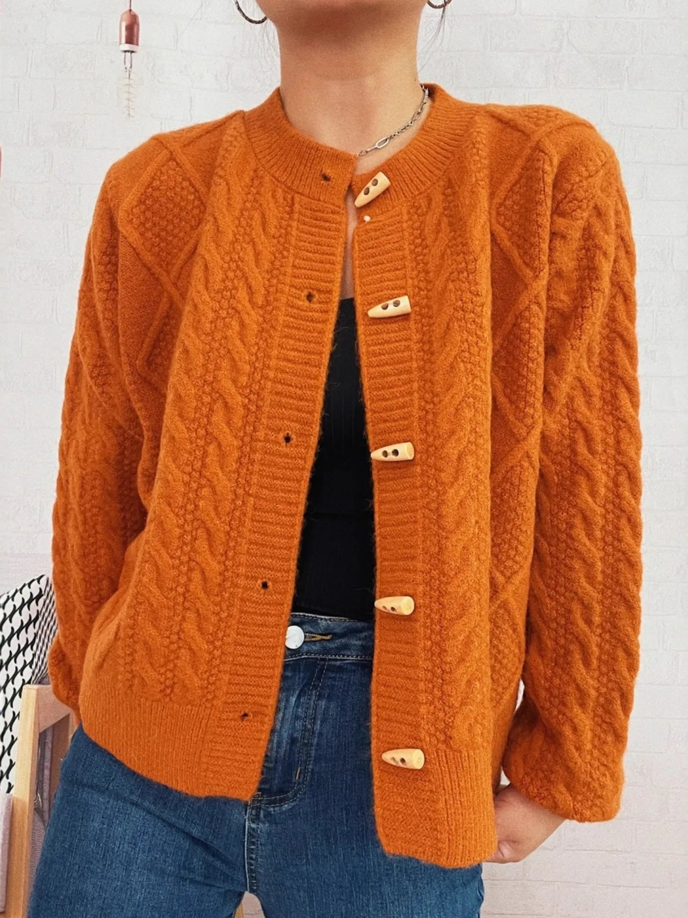 Cable Knit Button-Up Cardigan - Fashorio