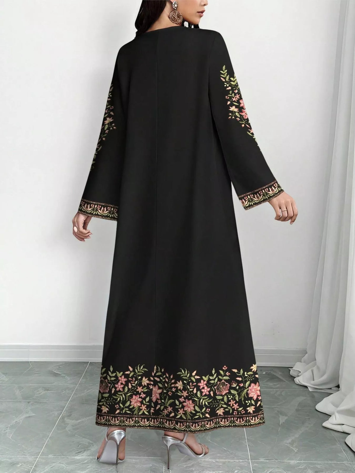 floral long sleeve maxi dress on model