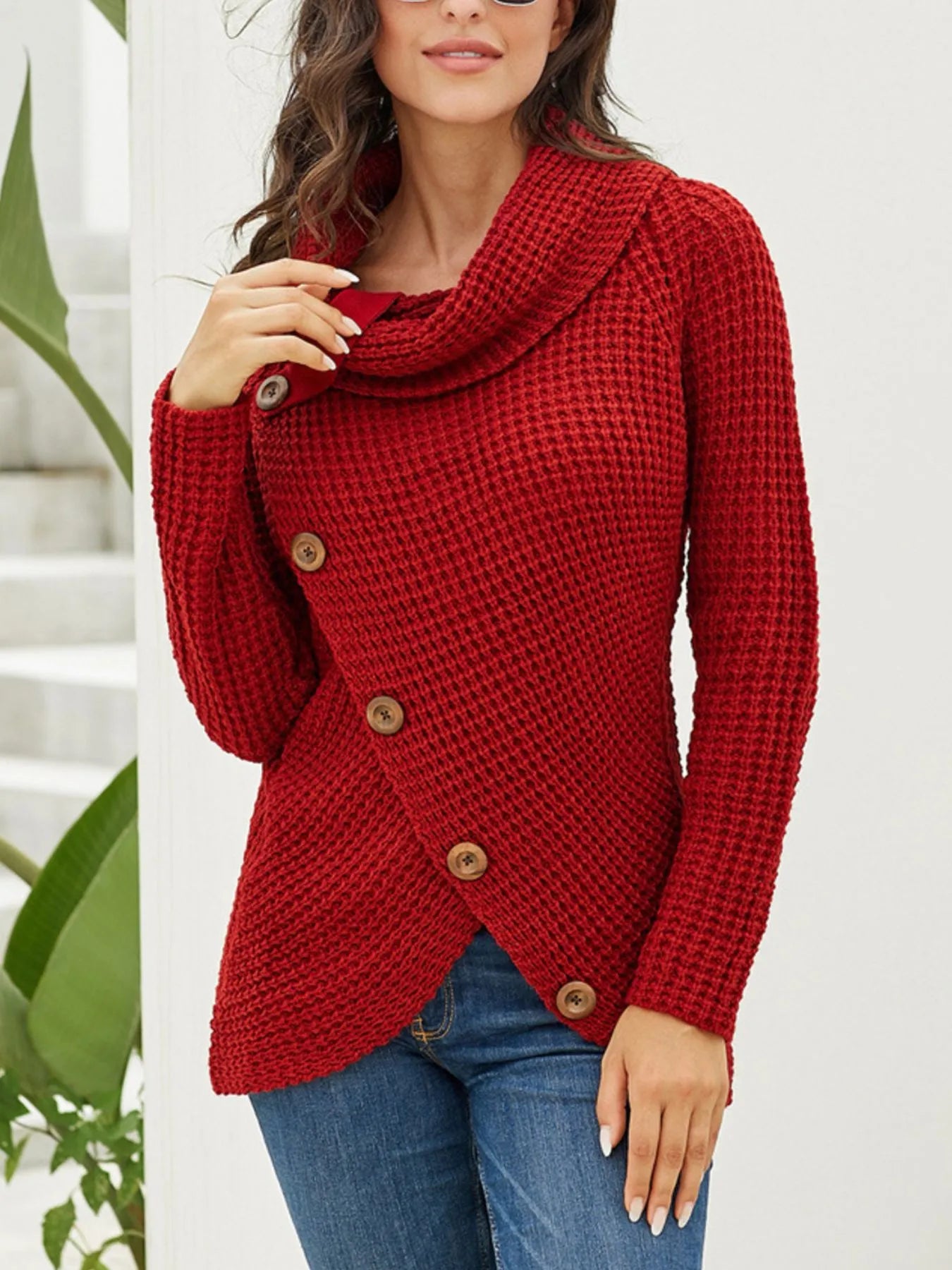 Full Size Texture Turtleneck Long Sleeve Sweater Plus Size Red - Fashorio