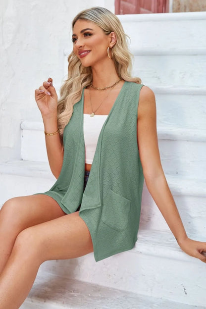 Eyelet Open Front Sleeveless Cardigan - Fashorio