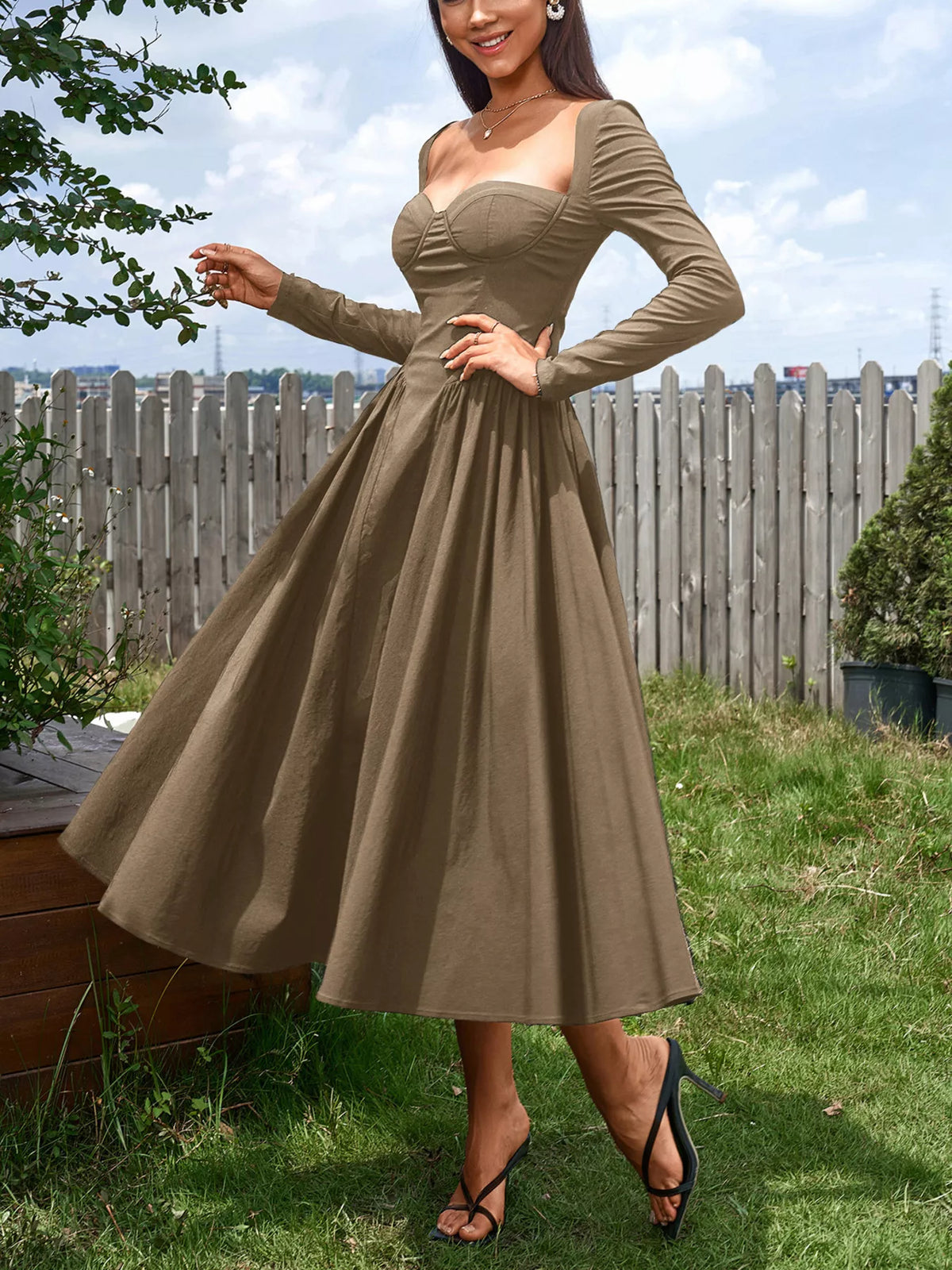 Sweetheart neck long sleeve dress styling view