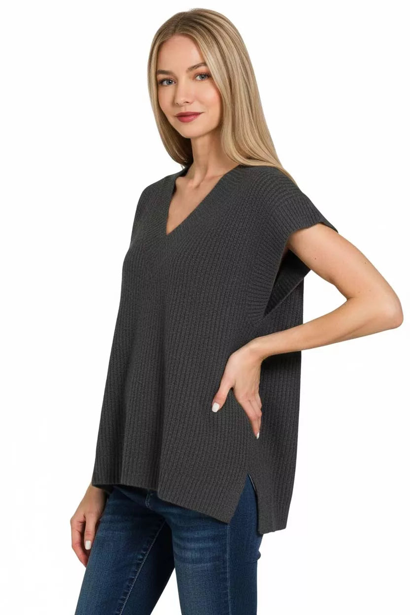 Ribbed Side Slit V Neck Sweater Vest in Black back view