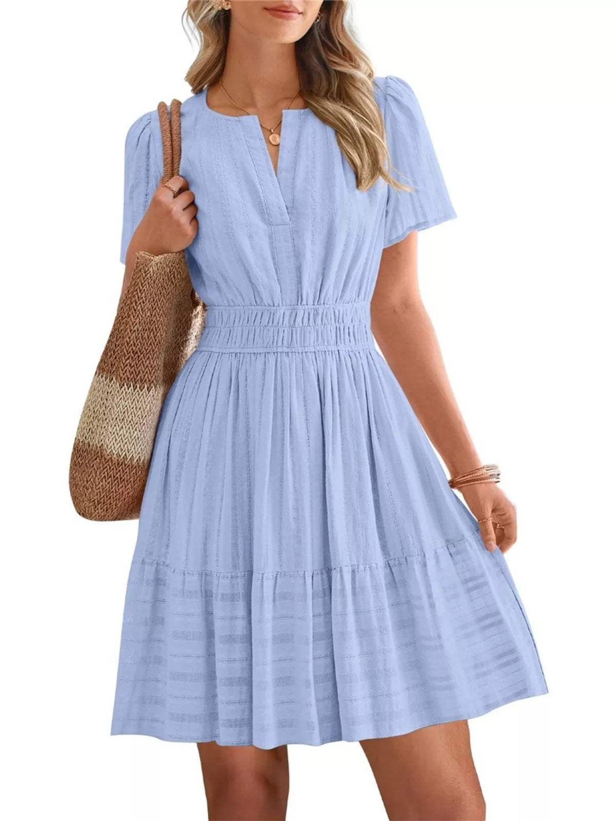 Short sleeve smocked waist tiered midi dress front view
