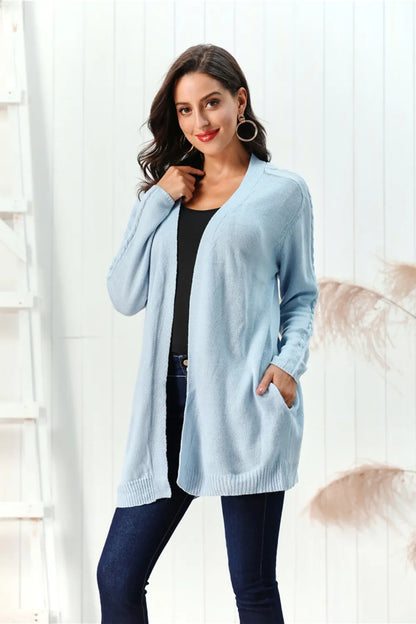 Cable-Knit Open Front Long Sleeve Cardigan - Fashorio