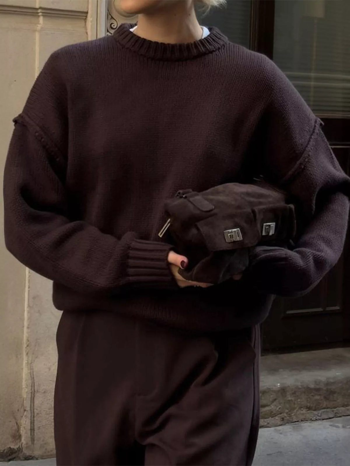 Round Neck Dropped Shoulder Sweater styled look