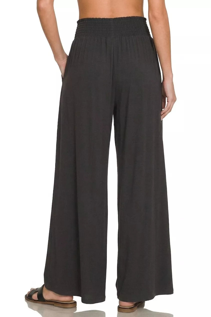 Black wide leg palazzo pants fabric detail
