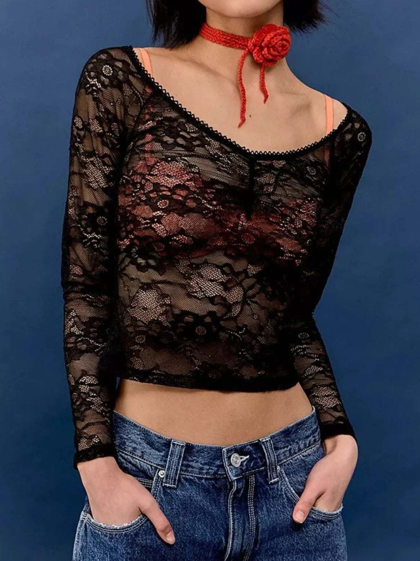 Lace Sheer Long Sleeve T-Shirt - Fashorio
