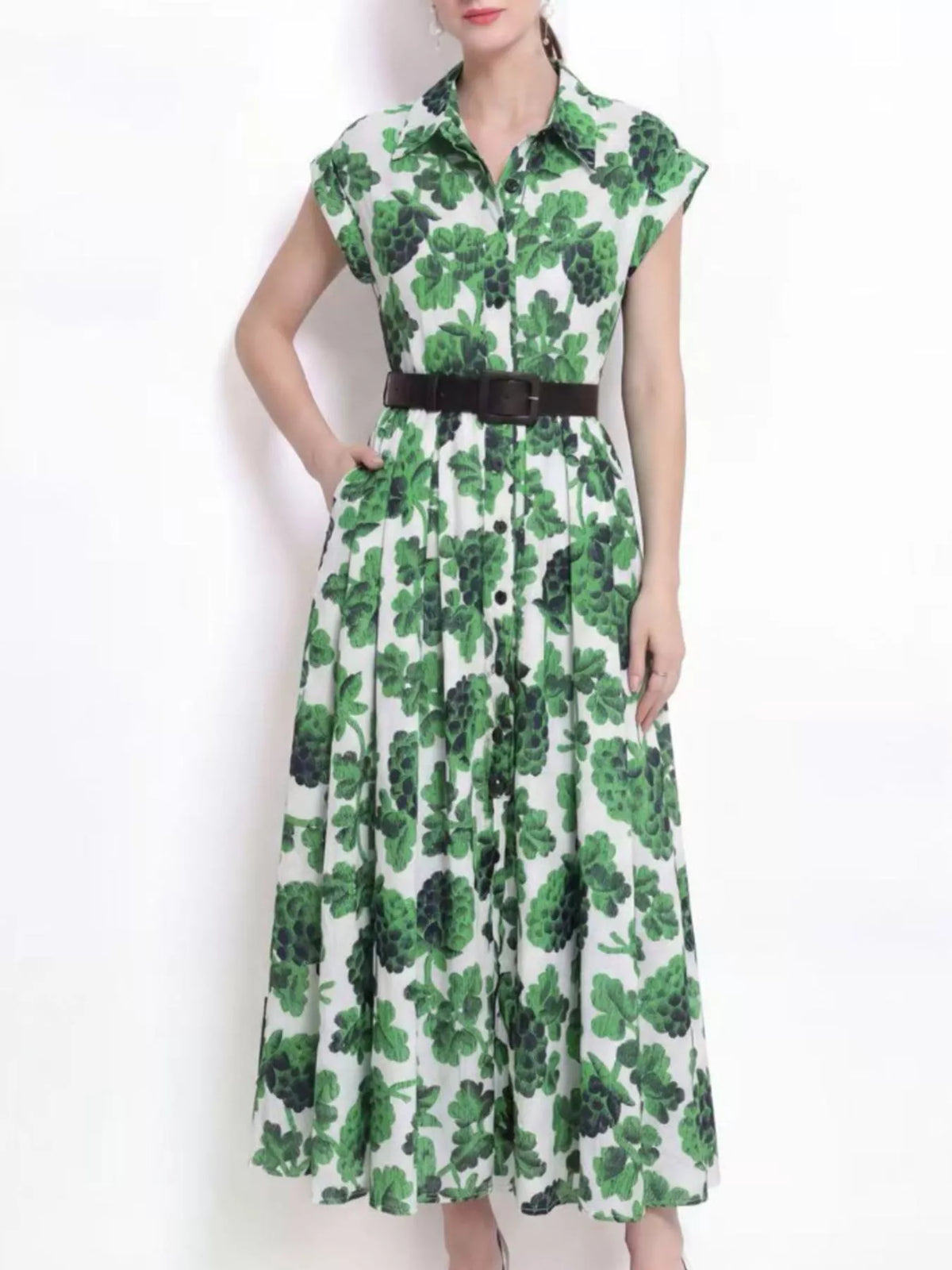 Printed button front cap sleeve dress front view