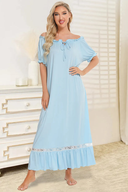 Lace Detail Short Sleeve Lounge Dress Light Blue - Fashorio