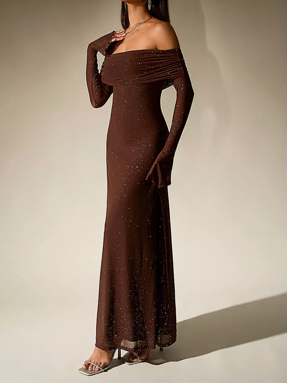glitter off shoulder maxi dress neckline detail