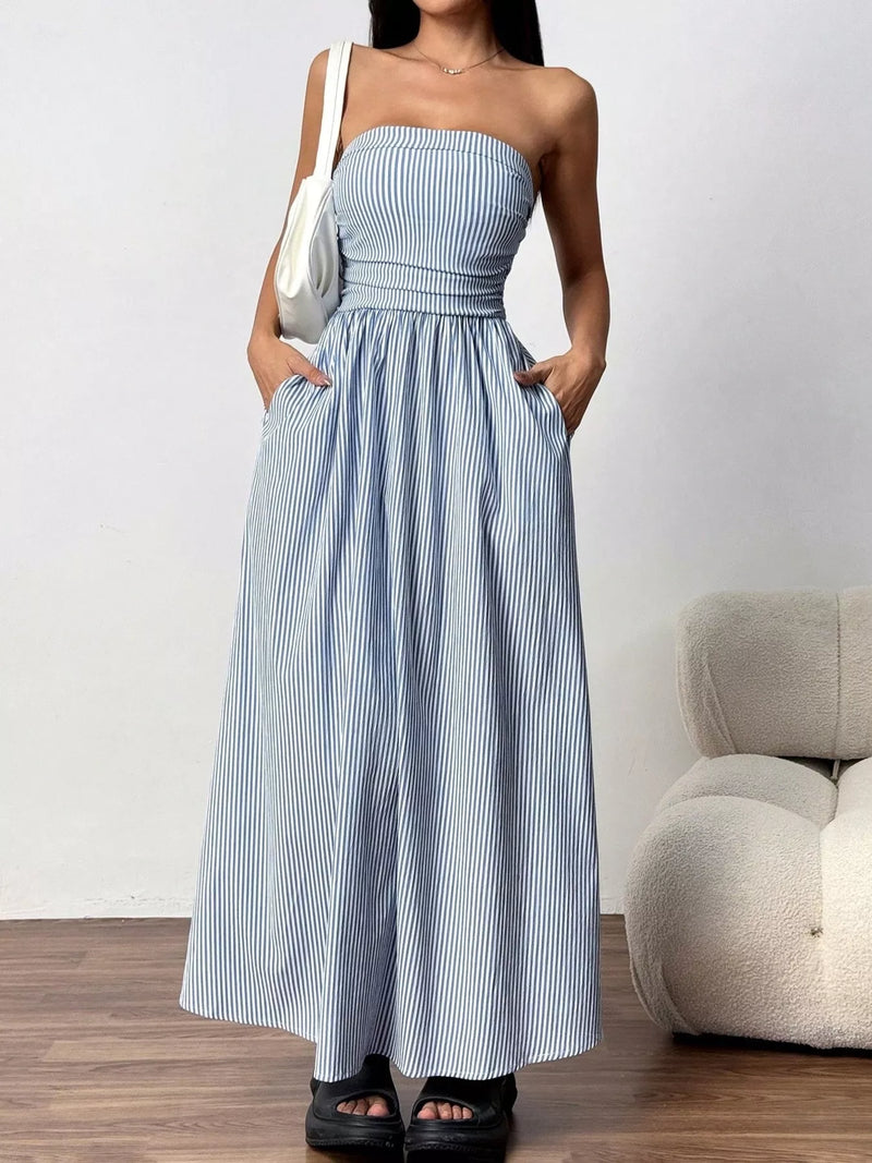 Striped strapless maxi dress front view