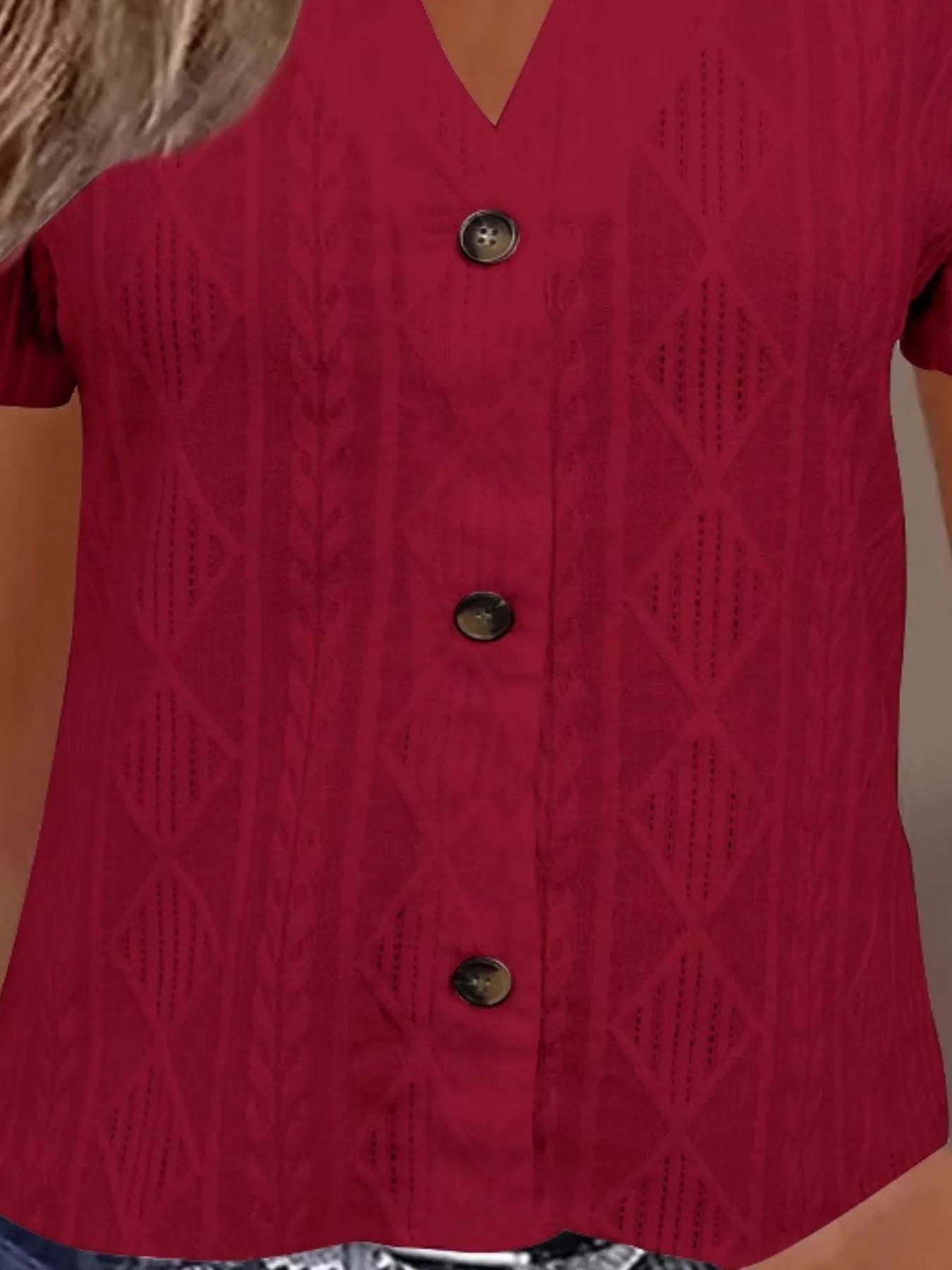 Textured Notched Short Sleeve Blouse - Fashorio