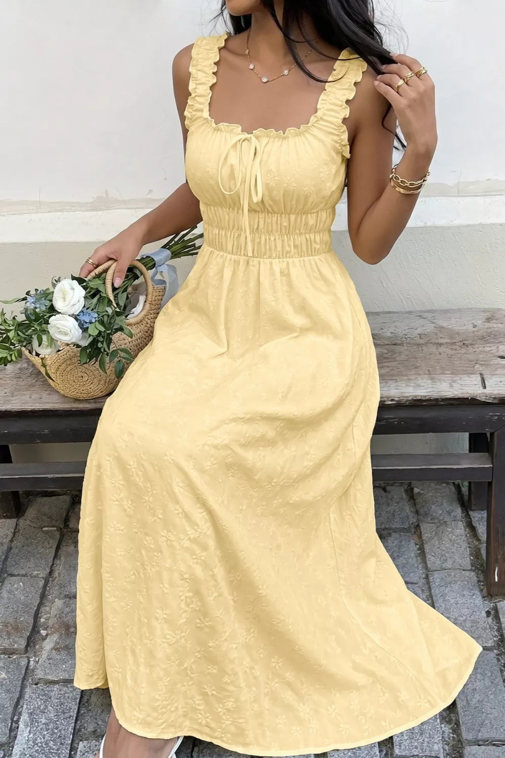 Pastel yellow square neck sleeveless maxi dress styled view