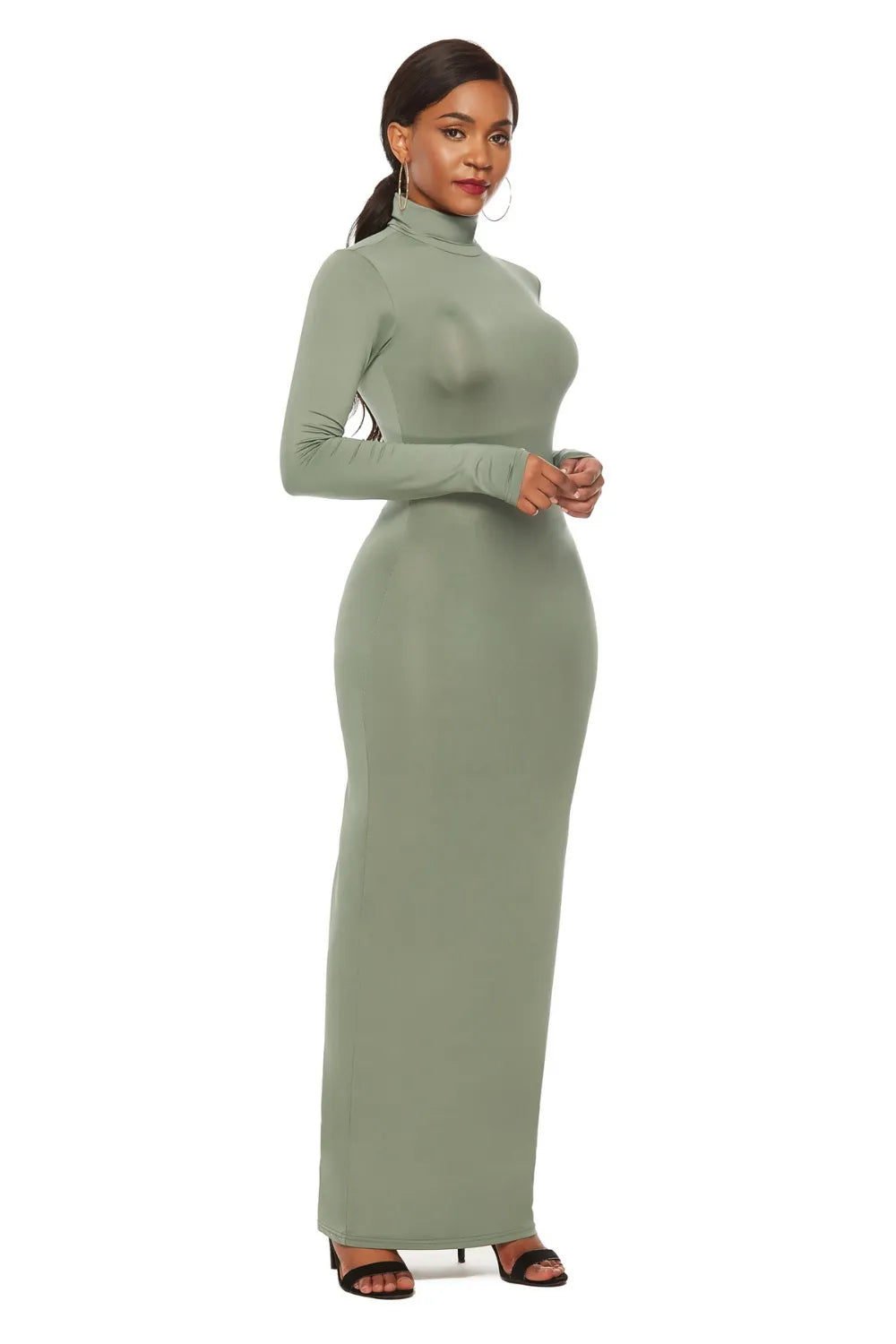 Long sleeve mock neck maxi dress angled view