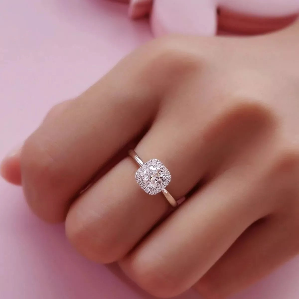 Moissanite square ring shown at a three quarter angle