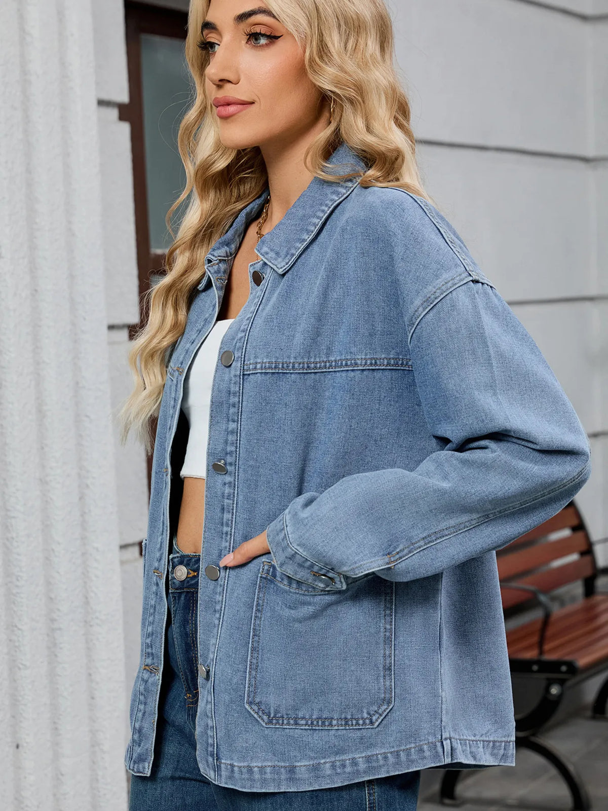 Washed Oversized Button Down Denim Jacket, view 8