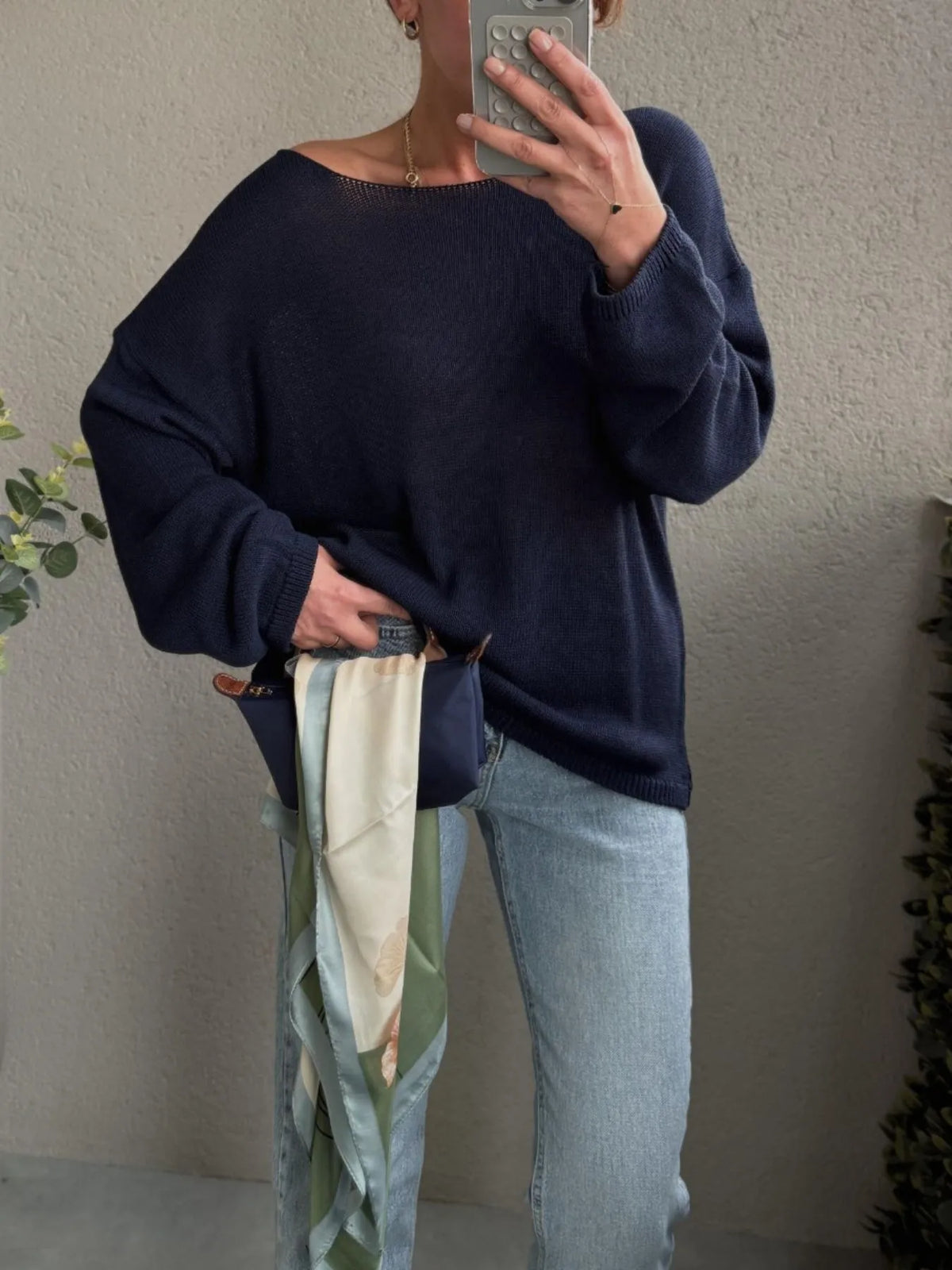 boat neck drop shoulder sweater knit texture close up