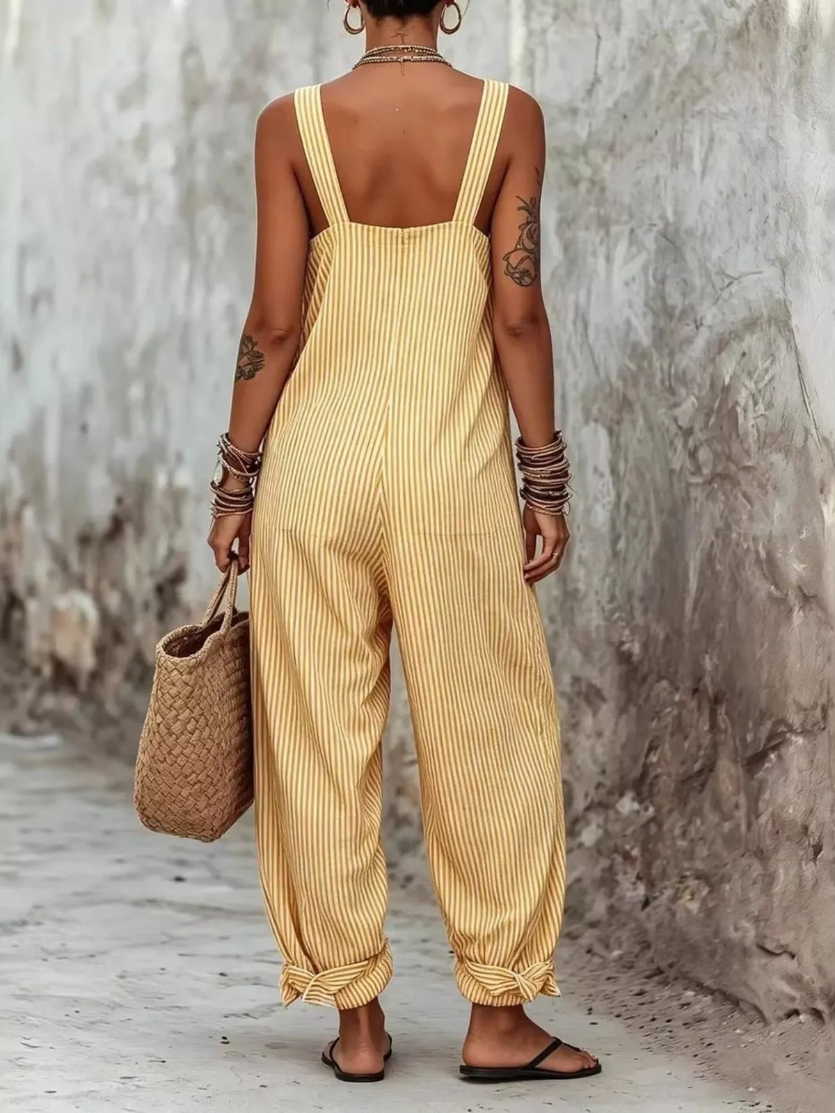 Striped square neck wide leg jumpsuit full length