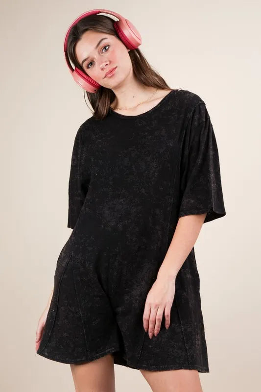 Mineral Washed Oversized Knit Comfy Romper on model