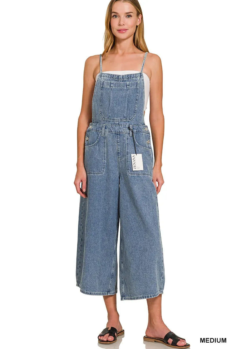 Zenana Denim Medium Washed Wide Leg Overalls - Fashorio