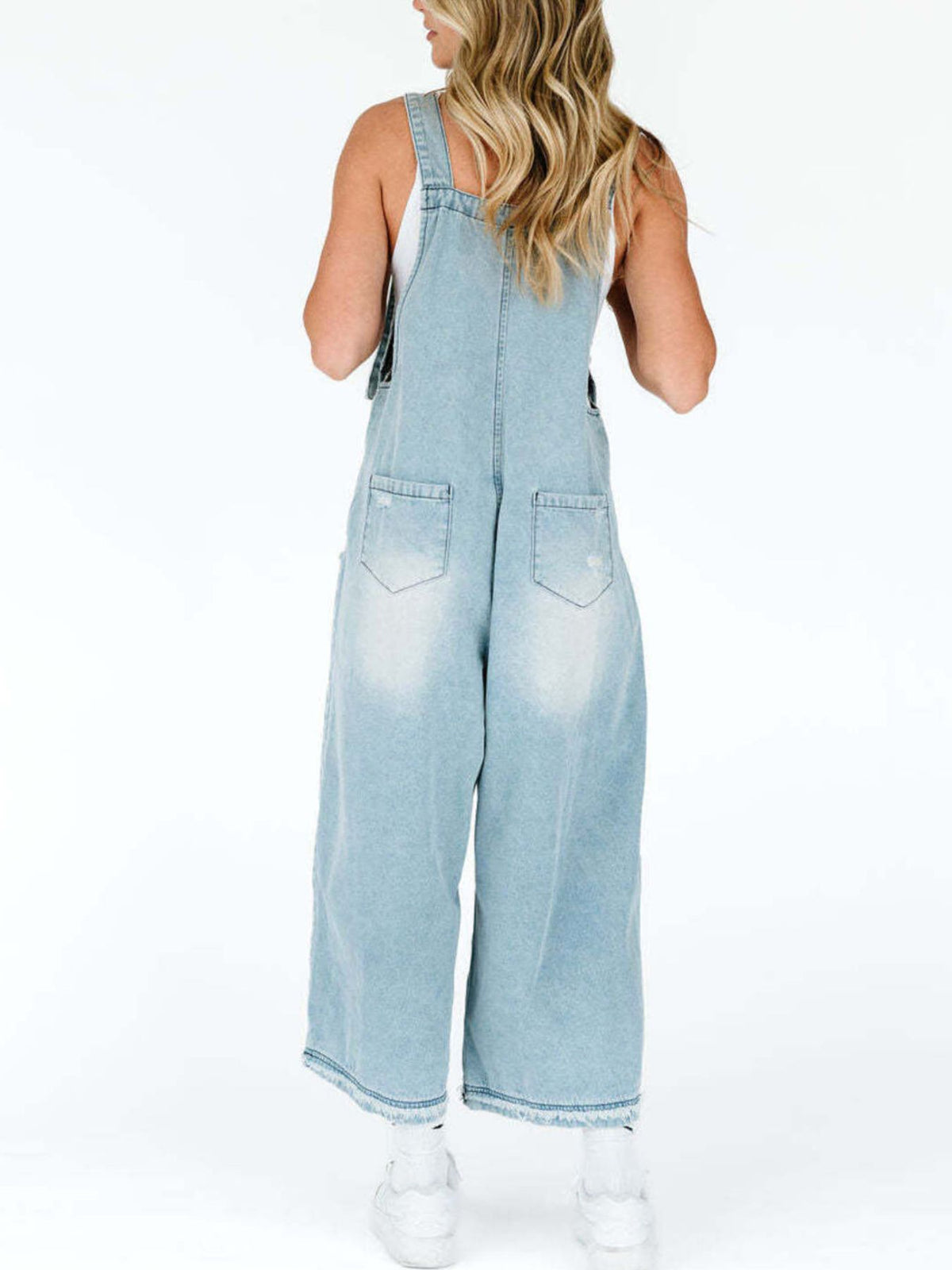 Wide leg denim overalls lookbook view
