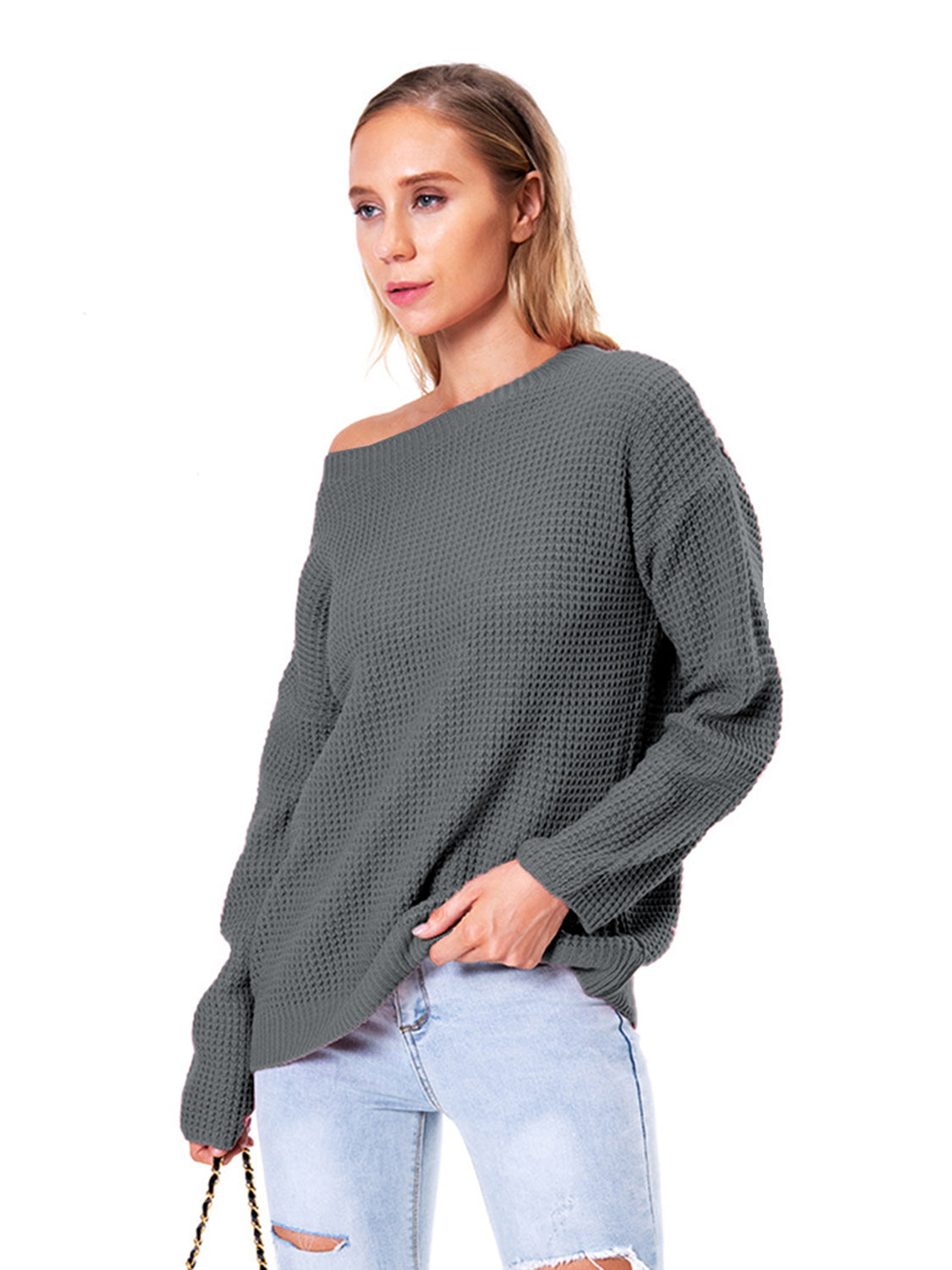 Boat Neck Drop Shoulder Long Sleeve Sweater - Fashorio