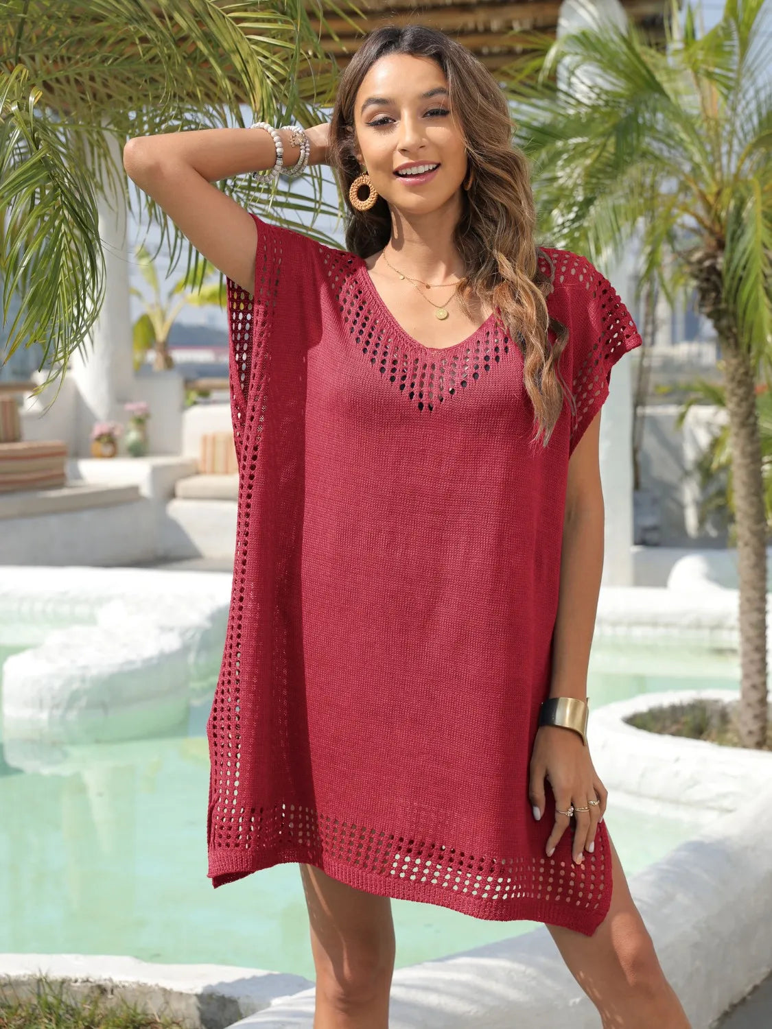 Crochet Trim Beach Cover Up Dress Deep Purple One Size - Fashorio