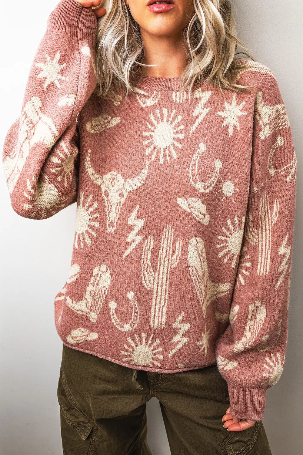 Western Graphic Ribbed Round Neck Sweater back view