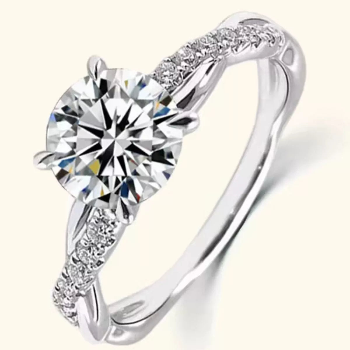 Adjustable moissanite ring shown with its matching box