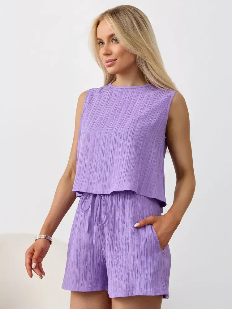 Textured Round Neck Tank and Shorts Set, view 34