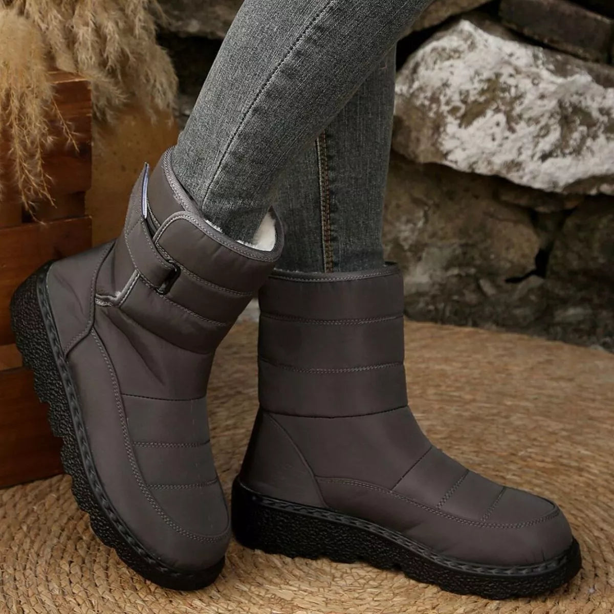 Round toe faux leather platform boots styled on model