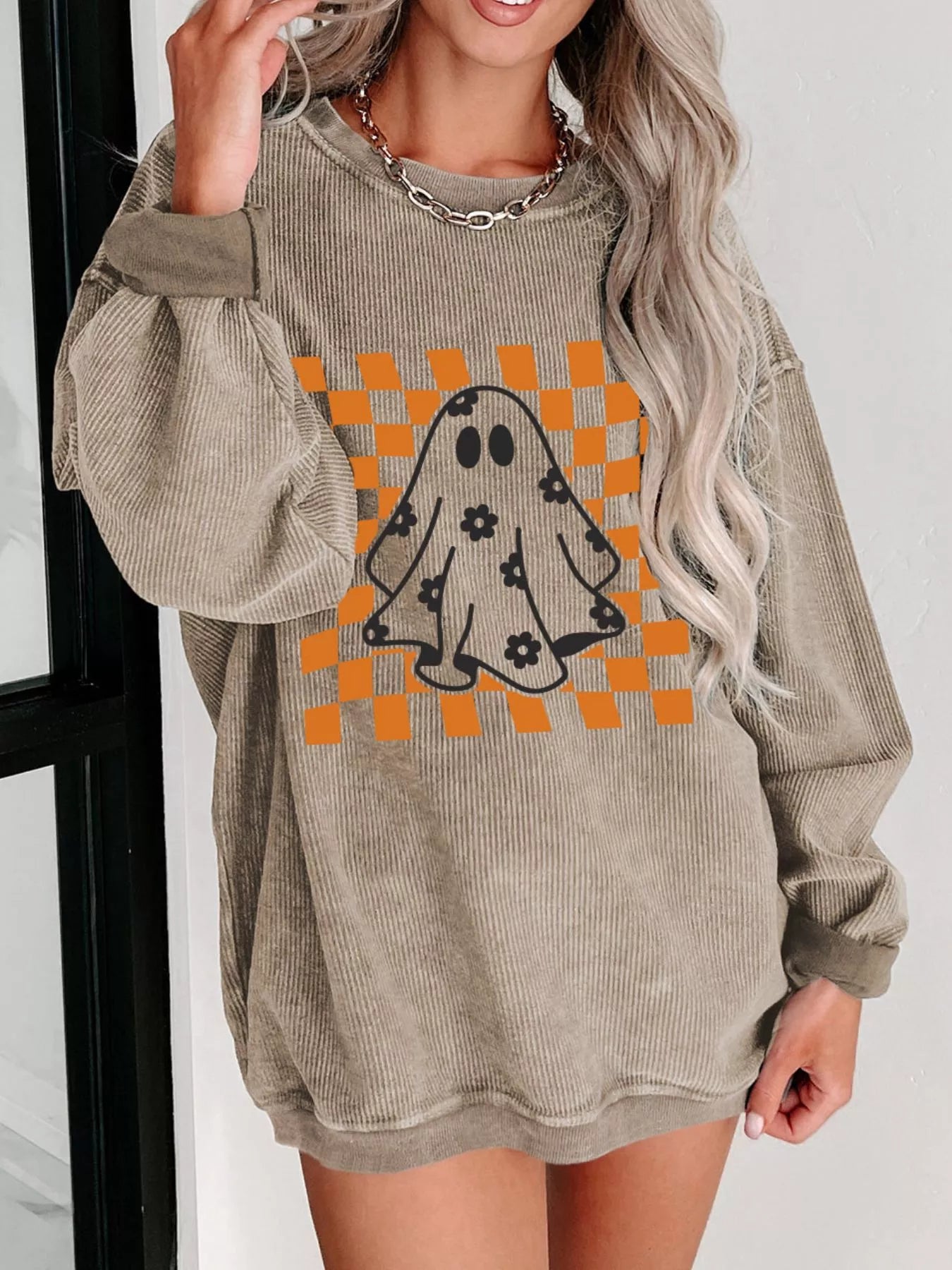 Halloween Checkerboard Floral Ghost Graphic Corded Sweatshirt - Fashorio