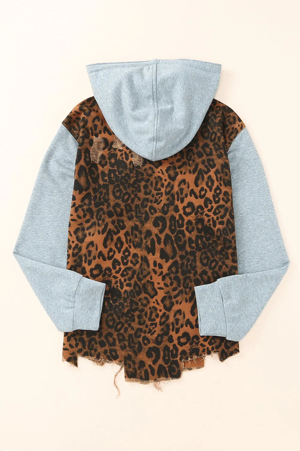 Leopard Distressed Drawstring Hooded Denim Jacket - Fashorio