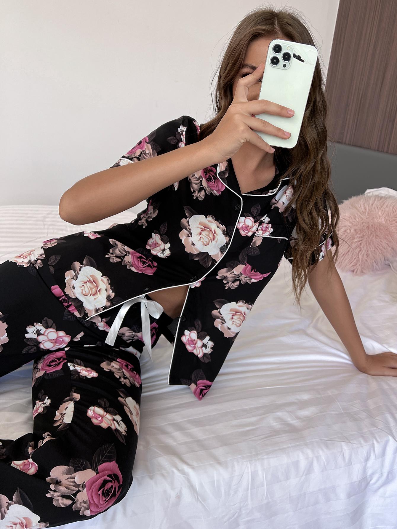 Floral Short Sleeve Shirt and Pants Lounge Set - Fashorio