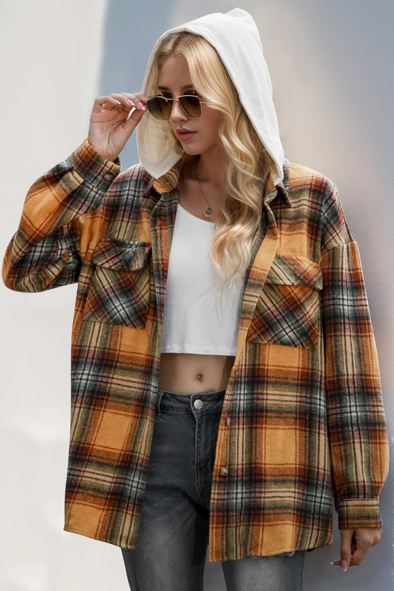 Drawstring plaid hooded shacket front view