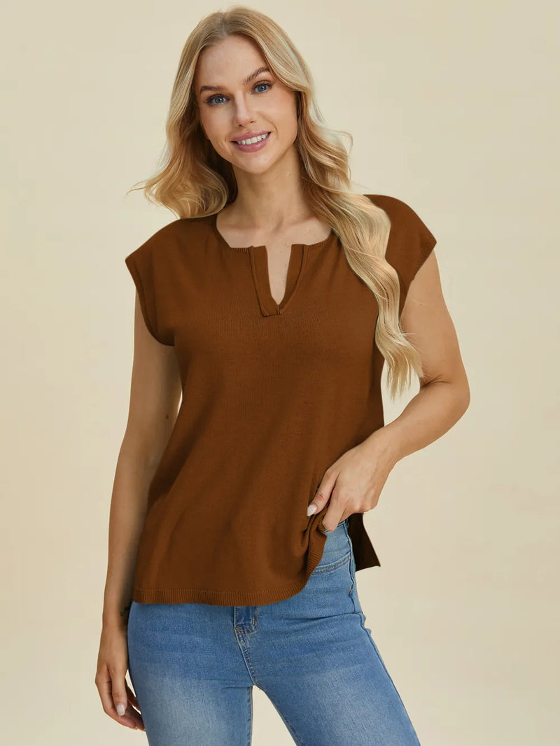 Notched cap sleeve knit top front view