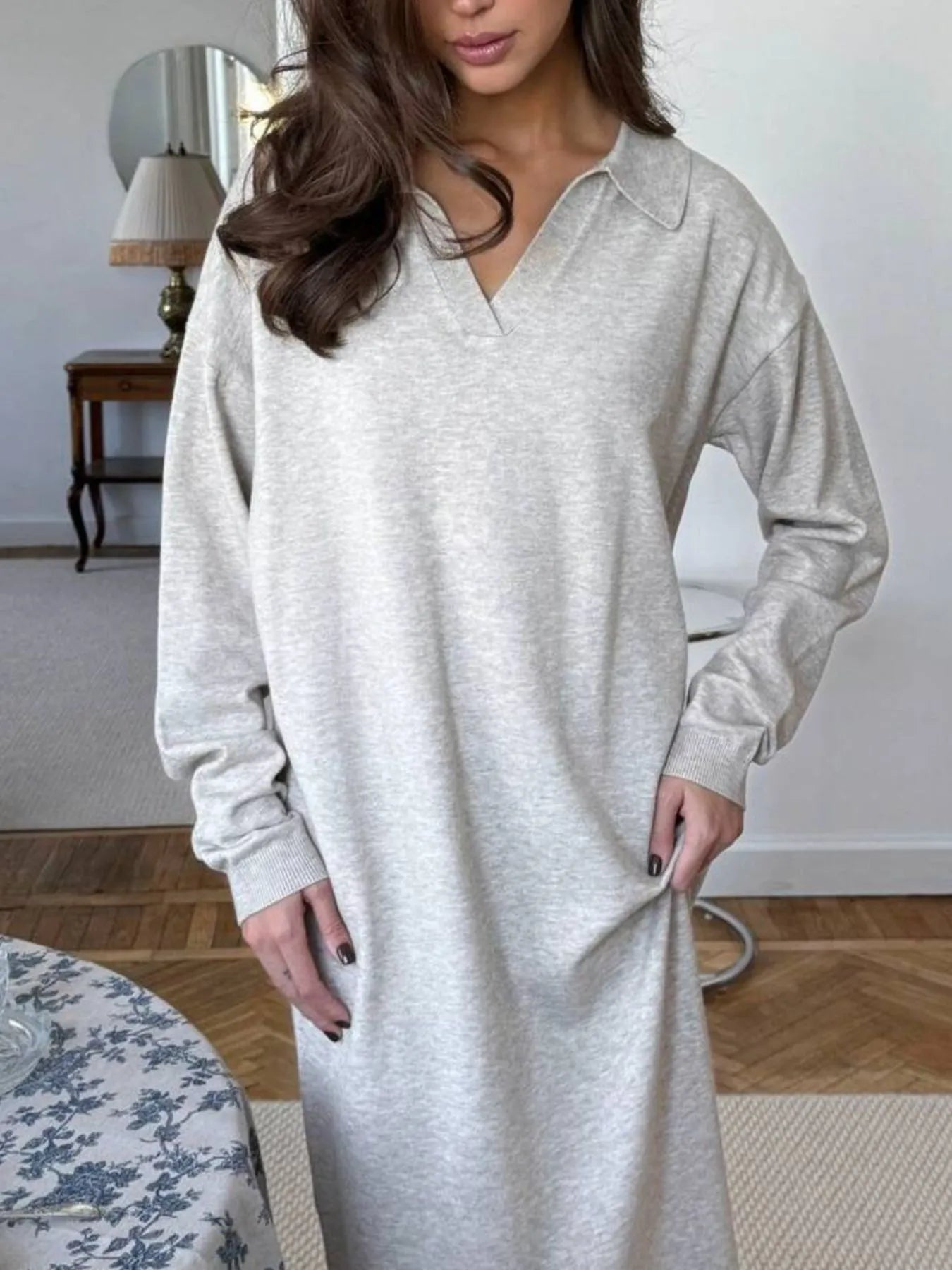 Long Sleeve Collared Neck Knit Dress - Fashorio