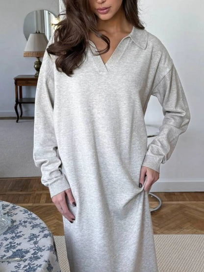 Long Sleeve Collared Neck Knit Dress - Fashorio