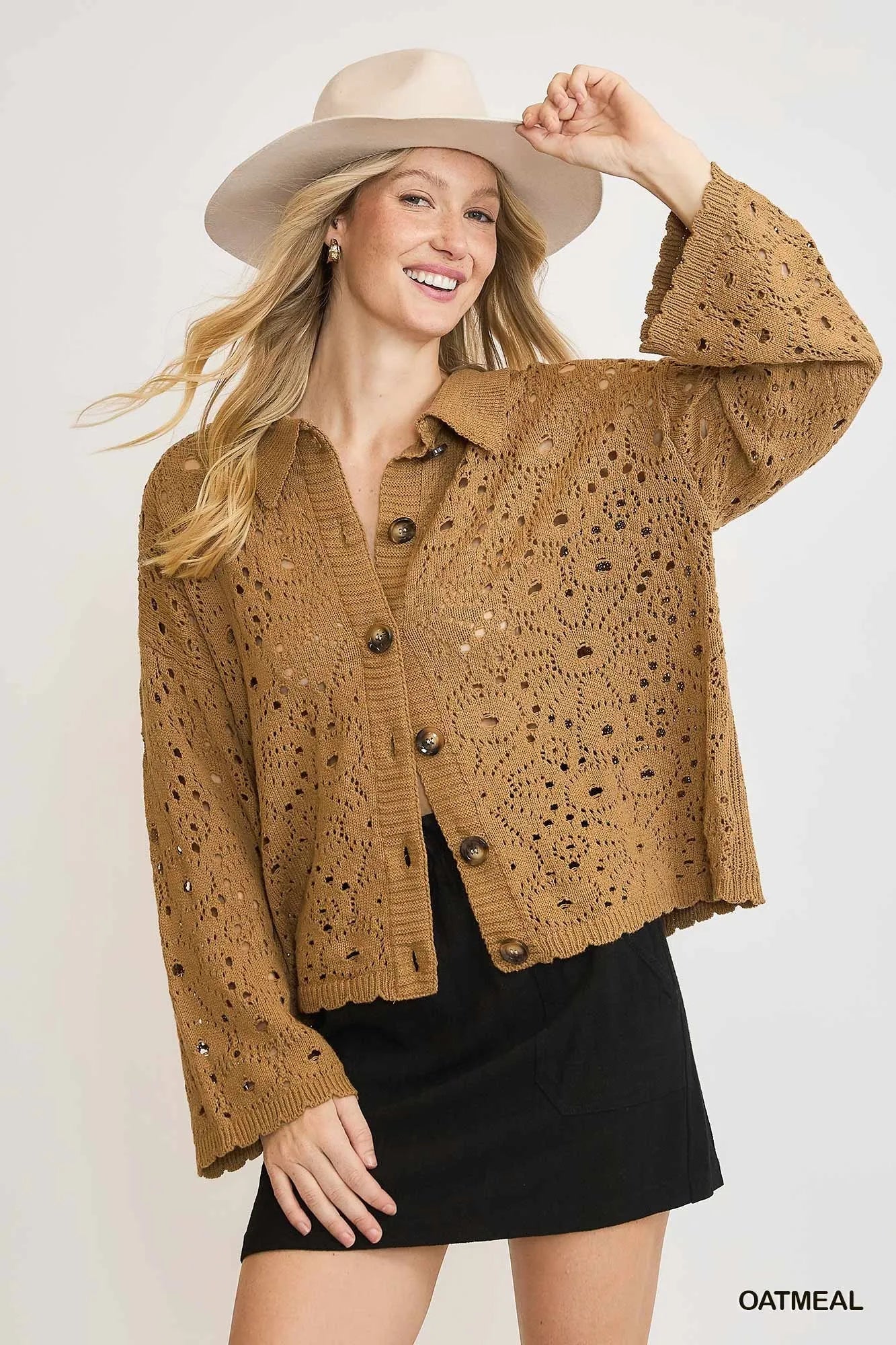 Umgee Crochet Button Down Knit Cardigan OATMEAL - Fashorio
