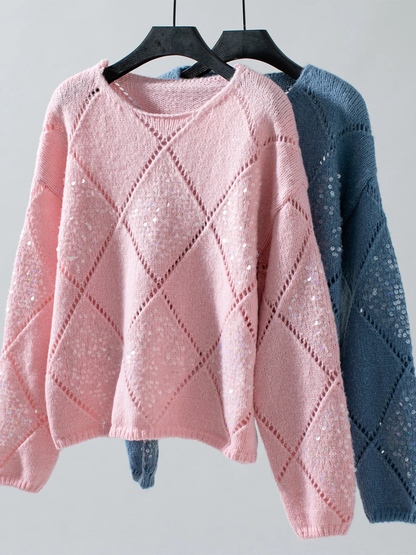 Sequin Openwork Long Sleeve Sweater - Fashorio