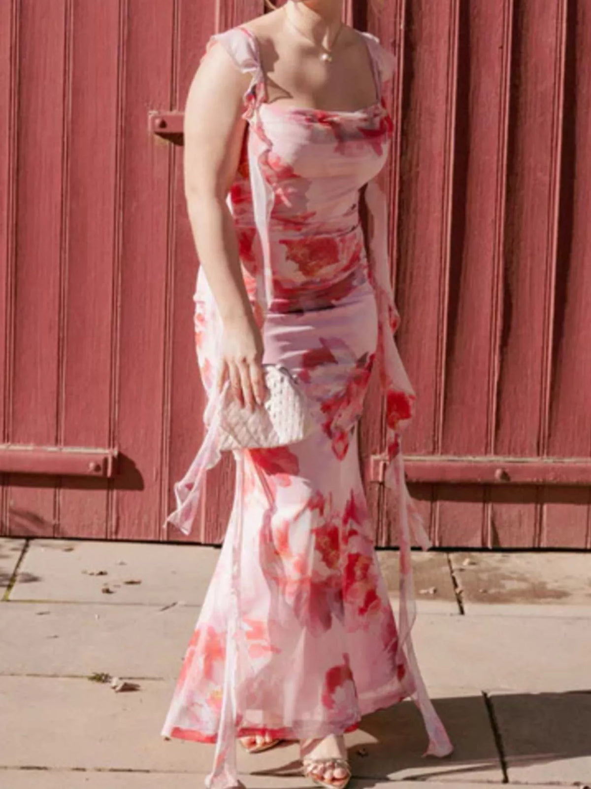 floral ruffle trim bodycon maxi dress movement shot