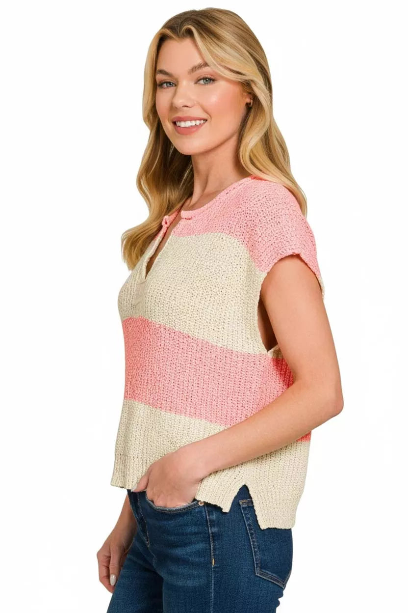Split Neck Sleeveless Striped Sweater in Coral Pink side view