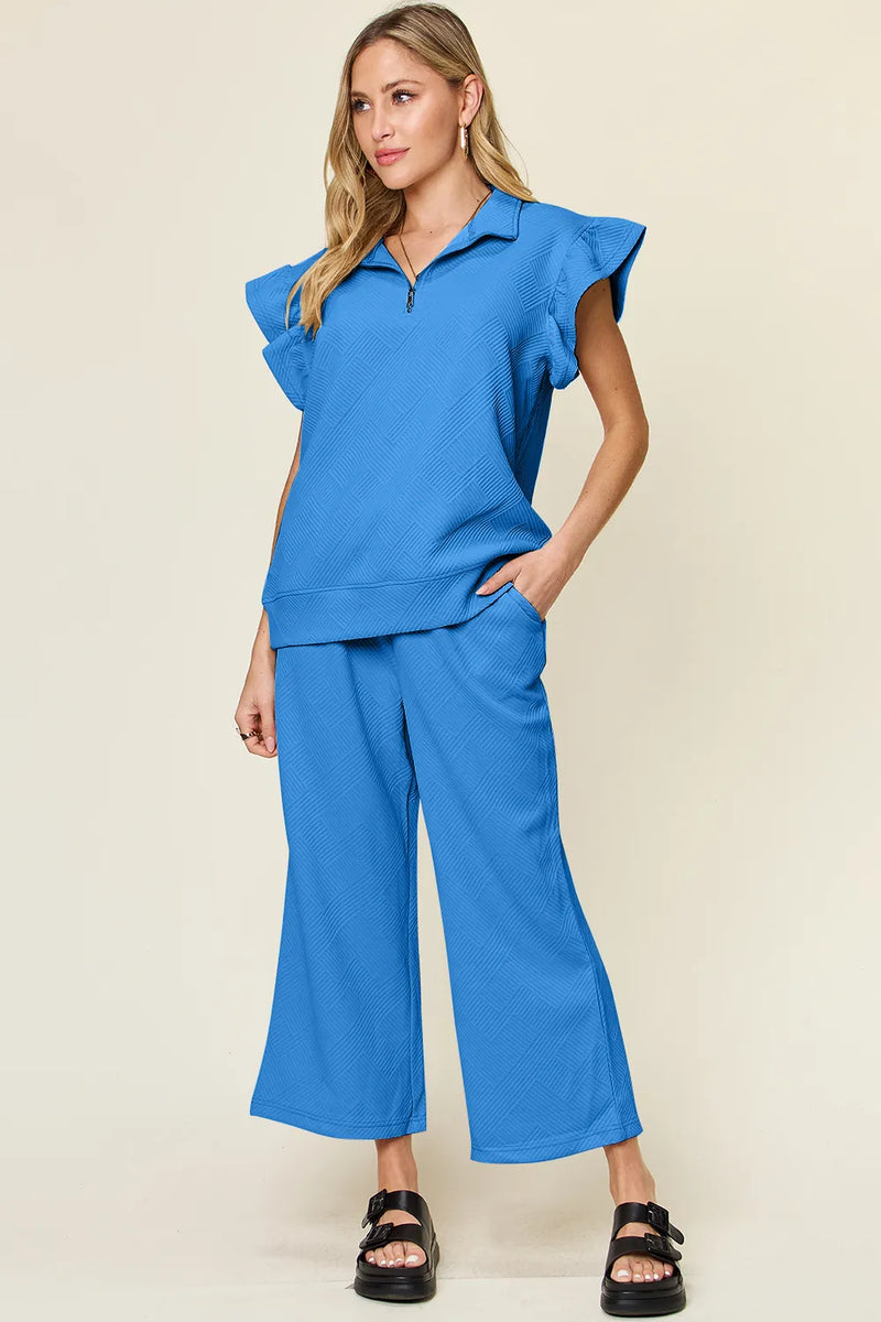 Ruffle top and wide leg pants set full outfit view