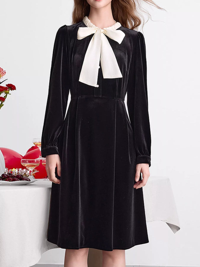 Black velvet bowknot long sleeve A line dress front view
