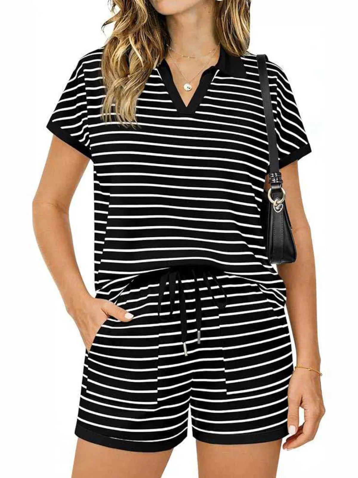 Striped Short Sleeve Polo and Shorts Set, view 9