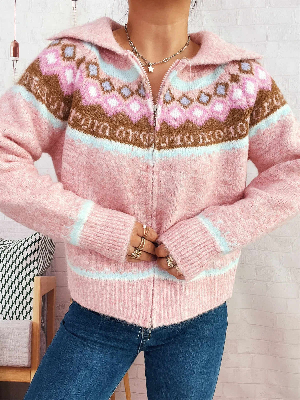 fair isle pattern zip up cardigan back view