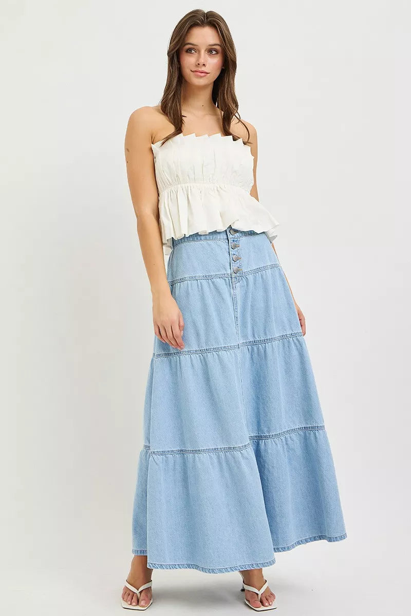 Light wash denim tiered maxi skirt front view
